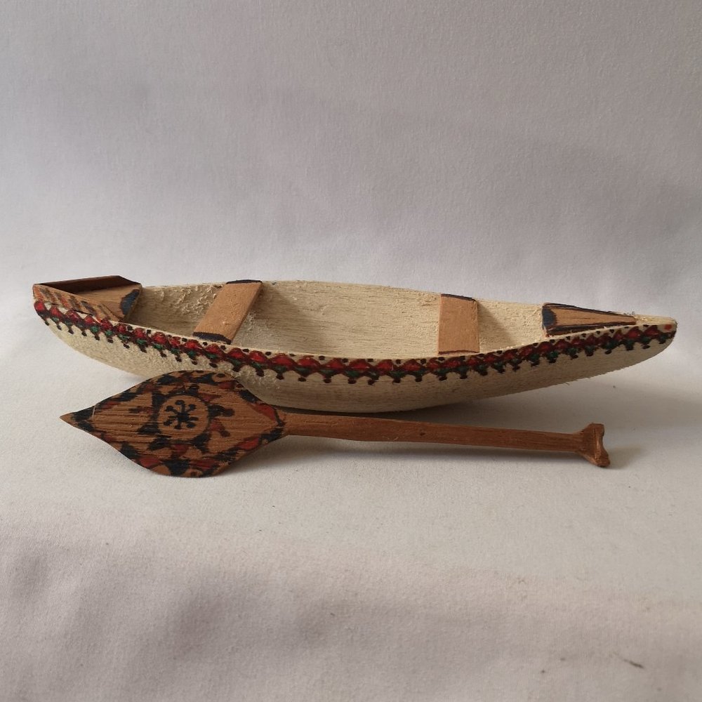 Lovely Vintage Handmade and Hand-painted Canoe with Paddle, San Pablo Peru 1993